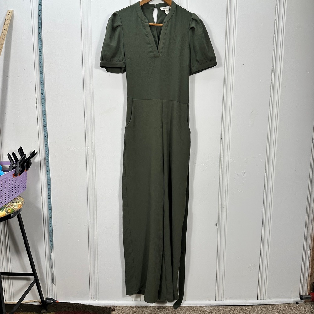 Monteau Jumpsuit Womens Medium Olive Green Excellent Puff Sleeve Wide Leg Pocket